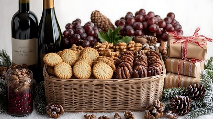 A holiday-themed gift set featuring wine, ginger snap cookies, honey-roasted nuts, and peppermint candies, presented on a white background.