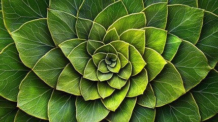 Fototapeta premium 26.A mesmerizing close-up of vibrant green leaves arranged in intricate spiral patterns. The natural symmetry of the leaves creates a visually captivating design, highlighting natureâ€™s ability to
