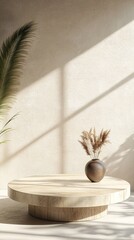Abstract Marketing Background Featuring a Product Exhibition Hall with a Minimalist Natural Wood Counter, Beautiful Wood Grain Under Sunlight, and Shadows on White Walls, Perfect for Showcasing Luxury