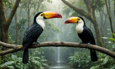 Obraz premium Two majestic toucans perched on a branch against misty rainforest backdrop. Their vibrant orange beaks contrast beautifully with black plumage as they face each other in perfect symmetry