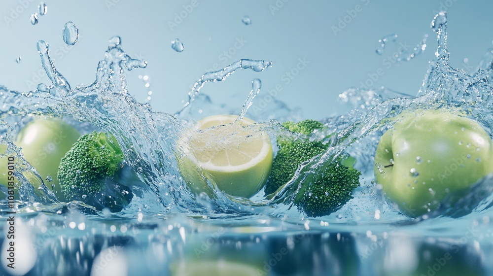 Poster a lemon and green apples splash into a pool of water, creating a vibrant, refreshing scene.
