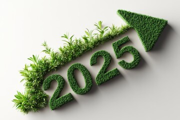 3D green arrow pointing up and to the right with "2025" text on a white background. High-resolution, high-quality design for future year concept.