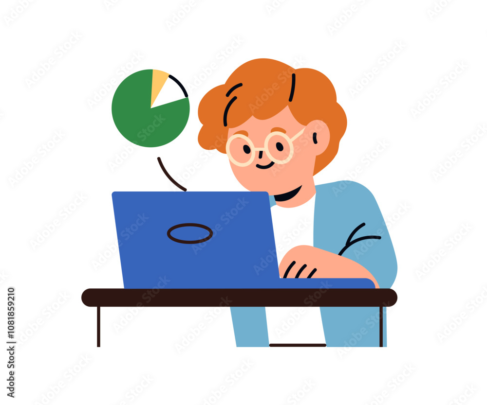 Aufkleber Boy student learning at laptop, data analysis, coding. School child at computer, studying programming, information technology. Online education. Flat vector illustration isolated on white background