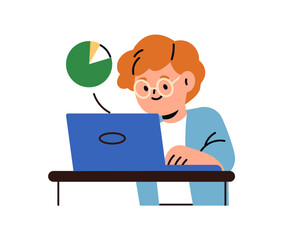 Boy student learning at laptop, data analysis, coding. School child at computer, studying programming, information technology. Online education. Flat vector illustration isolated on white background