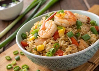 Delicious Fried Rice in a Bowl with Colorful Vegetables, Perfectly Cooked Shrimp, and a Garnish of Green Onions, Ideal for Food Lovers and Culinary Enthusiasts