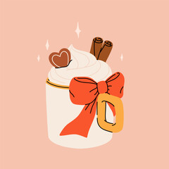 Christmas hot drink big collection. Flat cartoon beverages. Holiday cute mugs with hot cocoa, coffee, and mulled wine. New year drinks decorated with sweets and candy. Isolated vector illustration