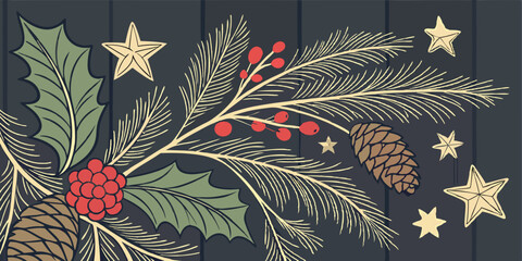 Christmas and New year realistic vector template with Christmas tree branches, stars, cones and holly berries on avenge dark navy blue   illustration.
