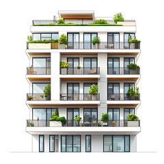 Fototapeta premium Modern multi-story building with greenery on balconies located in an urban area, showcasing contemporary architectural design