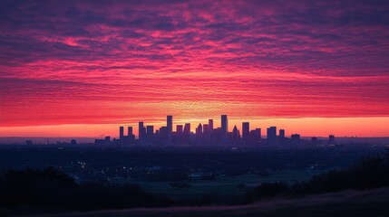 Fototapeta premium City Skyline Silhouetted Against a Vibrant Pink Sunset Sky