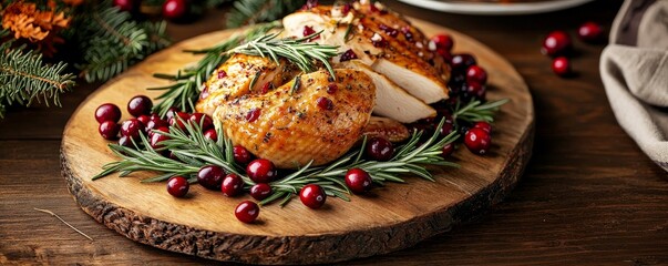 A beautifully arranged roasted turkey garnished with fresh rosemary and cranberries on a rustic wooden platter.