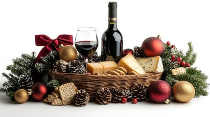 Naklejka premium A luxurious holiday gift basket featuring a bottle of fine wine, blocks of gourmet cheese, festive snacks, and holiday ornaments, arranged on a bright white background.