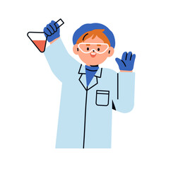 Boy in chemistry laboratory for chemical experiment. Cute curious child student in lab coat with flask. Happy school kid studying, learning. Flat vector illustration isolated on white background