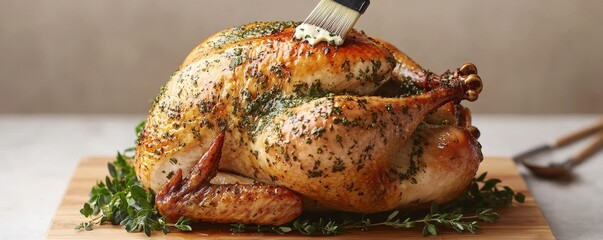 A beautifully roasted turkey seasoned with herbs and served on a wooden cutting board, perfect for holiday feasts.