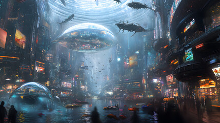 Obraz premium A futuristic underwater city built in a massive glass dome with sea creatures swimming overhead and neon-lit streets below.