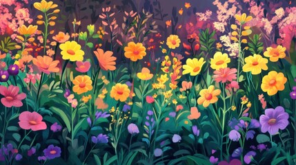 Obraz premium Vibrant garden with colorful flowers, creating a lush and joyful flower background
