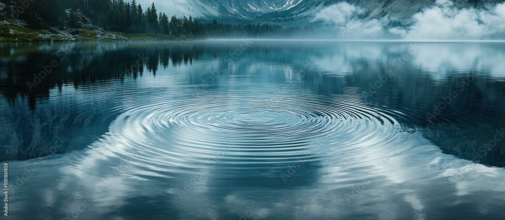Poster a single ripple in a still mountain lake with a soft reflection of the forested hills in the backgro
