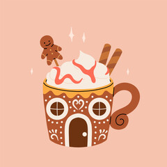 Christmas hot drink big collection. Flat cartoon beverages. Holiday cute mugs with hot cocoa, coffee, and mulled wine. New year drinks decorated with sweets and candy. Isolated vector illustration