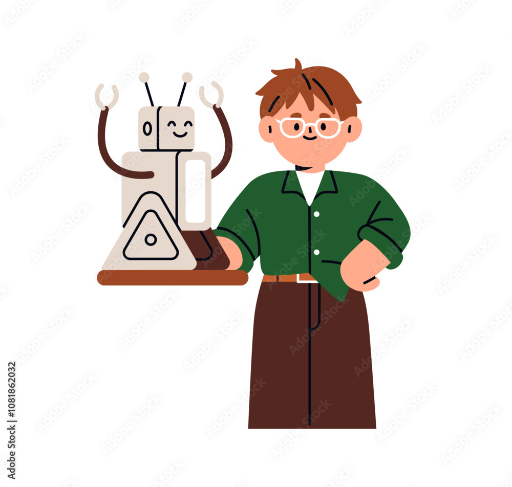 Poster Boy holding robot model. School child studying robotics, technology, engineering. Elementary kid, tech student in glasses, android bot in hand. Flat vector illustration isolated on white background