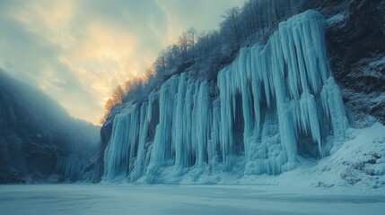 Frozen waterfall cascading down a cliff face, with a frozen lake in the foreground and a dramatic, cloudy sky overhead.