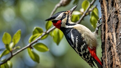 Naklejka premium a woodpecker was hollowing out a tree
