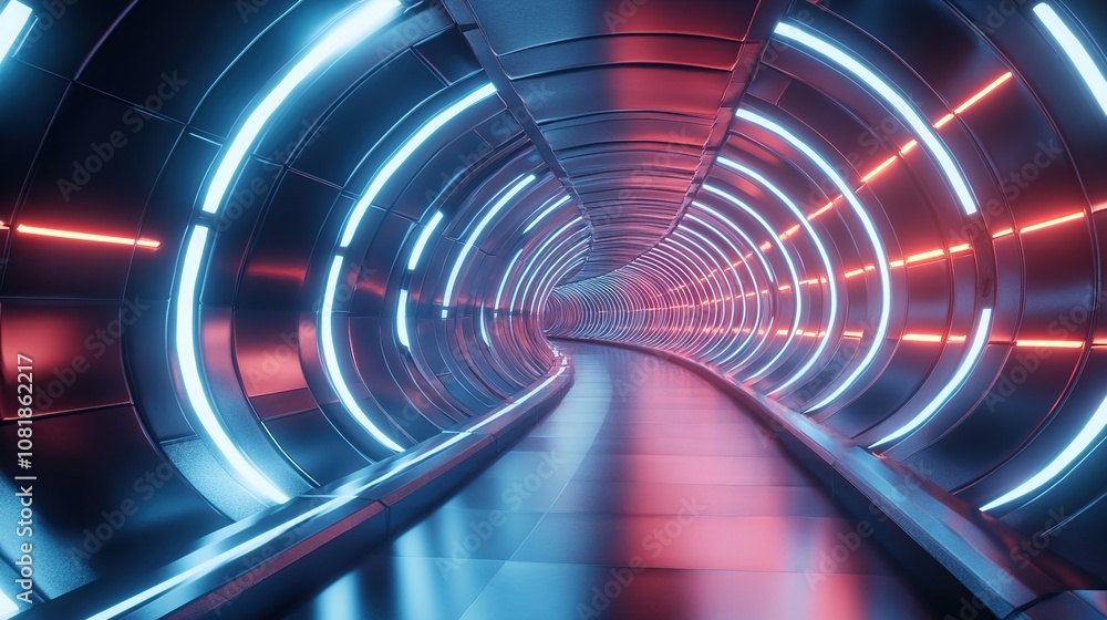 Poster 3d rendering of a tunnel with futuristic neon lights for a digital technology concept