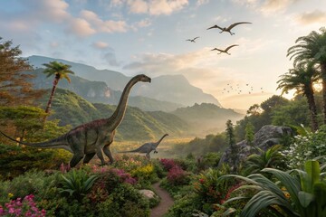 Dinosaurs Thriving in a Lush Jurassic Jungle at Dawn, Surrounded by Flourishing Foliage and Soaring...