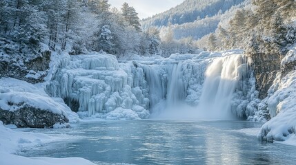 Frozen waterfall cascading down a snow covered mountainside on a sunny winter day.