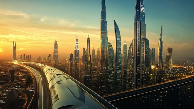 Futuristic Cityscape: A mesmerizing panorama of a futuristic metropolis, showcasing gleaming skyscrapers, sleek monorail lines, and a captivating sunset.