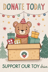 Toy drive poster with teddy bear and gifts	