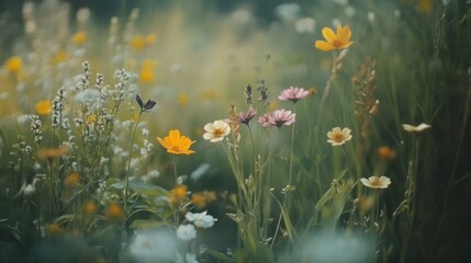 Wild meadow flowers with a variety of colors, creating a vibrant natural background