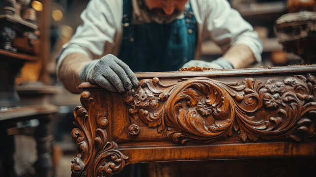 man repairing wooden cabinet or table, photo of male master restorer restoring antique furniture, cabinetmaker, carpenter, joiner, furniture maker, vintage interior item, wood carving, woodworker