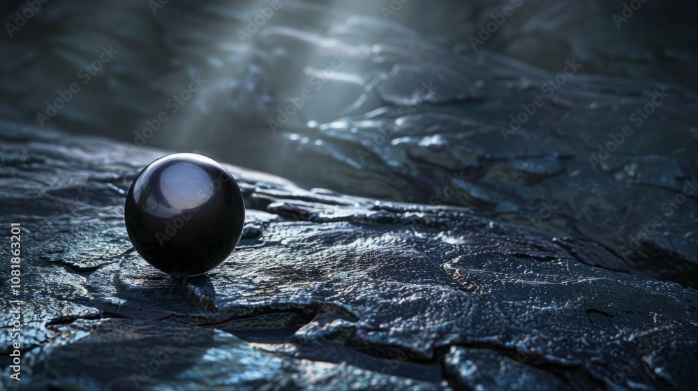 Poster dark orb on rock surface. mysterious black sphere rests on dark textured stone. evokes feelings of e
