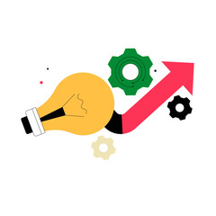 Lightbulb And Gears With Upward Arrow In Flat Vector Illustration Symbolizing Innovation, Idea Generation, And Business Growth, Isolated On White Background