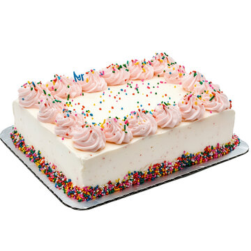 Delicious rectangular cake with pink frosting and colorful sprinkles. Isolated on transparent background.