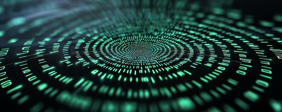 Abstract visual of digital binary code in a circular pattern, representing data processing and technology innovation.