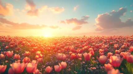 A breathtaking view of tulip fields in rainbow colors, stretching endlessly towards the horizon, clear blue sky, golden sunlight casting soft shadows, vivid and serene, photorealistic clarity,