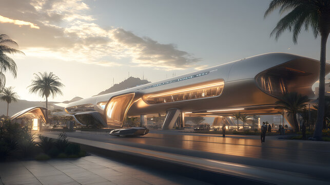 A hyperloop station where passengers board sleek high-speed pods for rapid travel between cities in mere minutes.