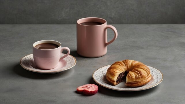 Pink coffee cup with a pink saucer sits on a table next to a plate with a croi