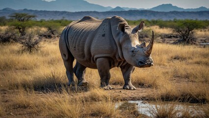 Obraz premium one rhinoceros on the grassland on a sunny day