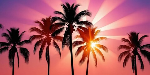 Sunset serenity palm trees silhouette tropical paradise 3d banner design vibrant landscape coastal viewpoint nature's beauty concept