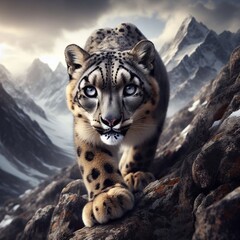 Obraz premium A majestic snow leopard, an endangered apex predator, cautiously surveys its remote, rugged mountain habitat