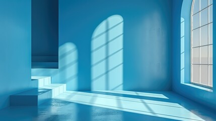 Minimalist blue room with steps, window, and sunlight.