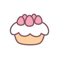 Kawaii cake icon. Hand drawn illustration of of a creamy dessert with a strawberries isolated on a white background. Vector 10 EPS.
