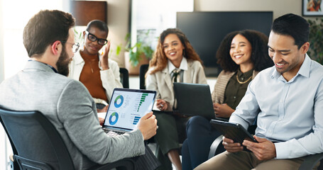 Laptop, data and businessman in group meeting for planning, financial analysis or leader with metrics. Computer, happy team and manager brainstorming stats for discussion, kpi or investment in office