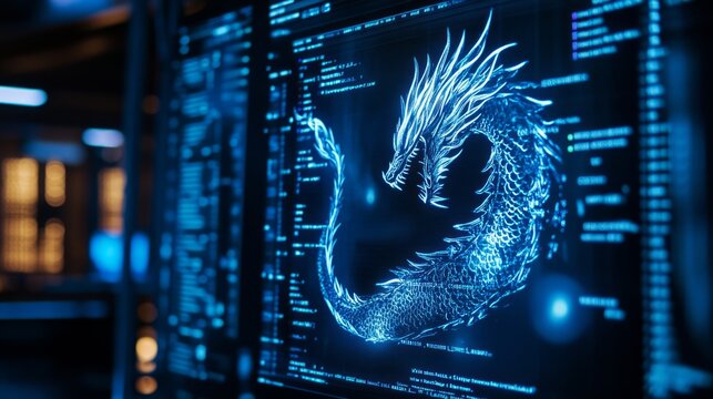 A computer screen displaying dragon code with a digital dragon, symbolizing python programming for data engineering.