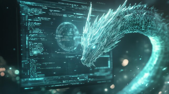 A computer screen displaying dragon code with a digital dragon, symbolizing python programming for data engineering.