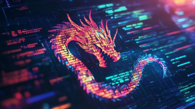 A computer screen displaying dragon code with a digital dragon, symbolizing python programming for data engineering.