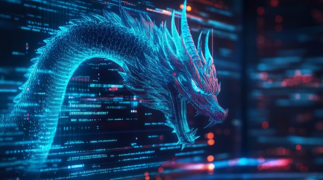 A computer screen displaying dragon code with a digital dragon, symbolizing python programming for data engineering.