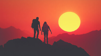 Fototapeta premium Two climbers, a woman and a man, stand with backpacks. Behind them is a tall mountain in incredible colors, orange, pink, early morning light. You can see their faces in the light. They are millennia