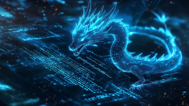 A computer screen displaying dragon code with a digital dragon, symbolizing python programming for data engineering.